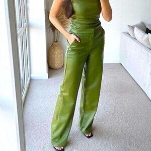 Zara High Waisted Full Length Faux Leather Pants Olive Green